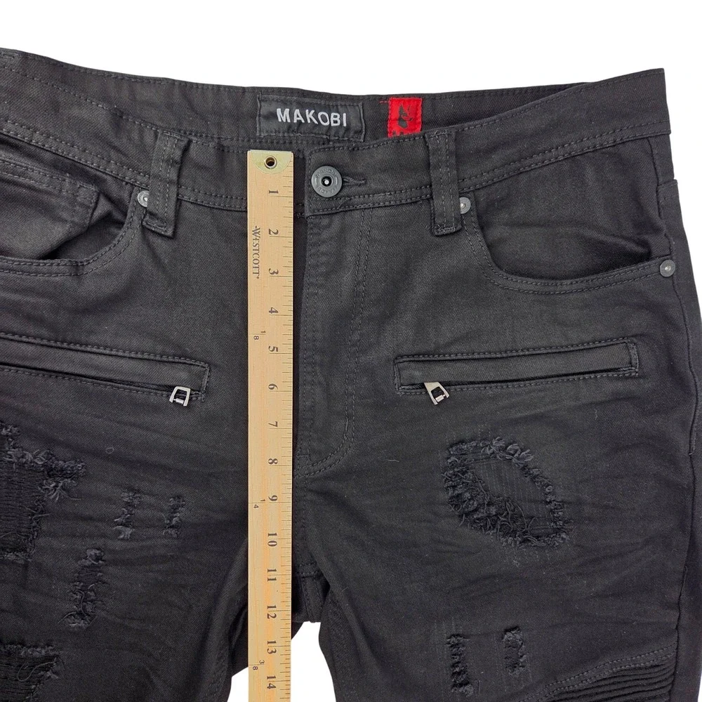 Makobi Biker Moto Jeans Mens 38x34 Black Distressed Slim‎ Streetwear Zip Pockets